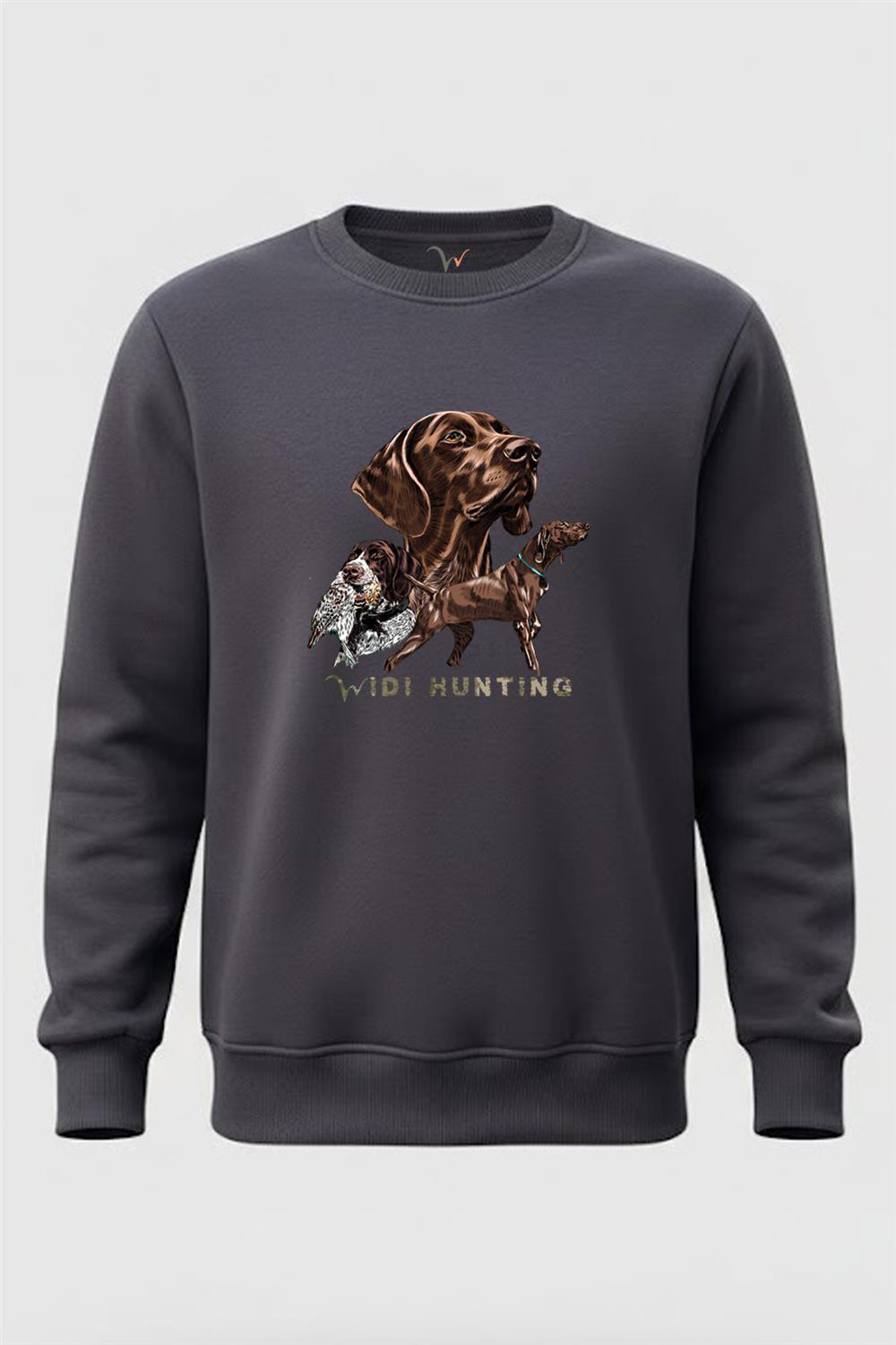 Avcılık Hunter Kurzhaar Av Köpeği Ve Çulluk Baskılı 3 İp Şardonlu %100 Pamuk Sweatshirt - Füme