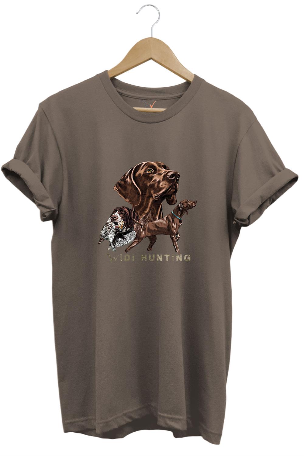 Avcılık Hunter Kurzhaar Av Köpeği Ve Çulluk Baskılı %100 Pamuk Regular Fit Unisex T-Shirt - Kahve