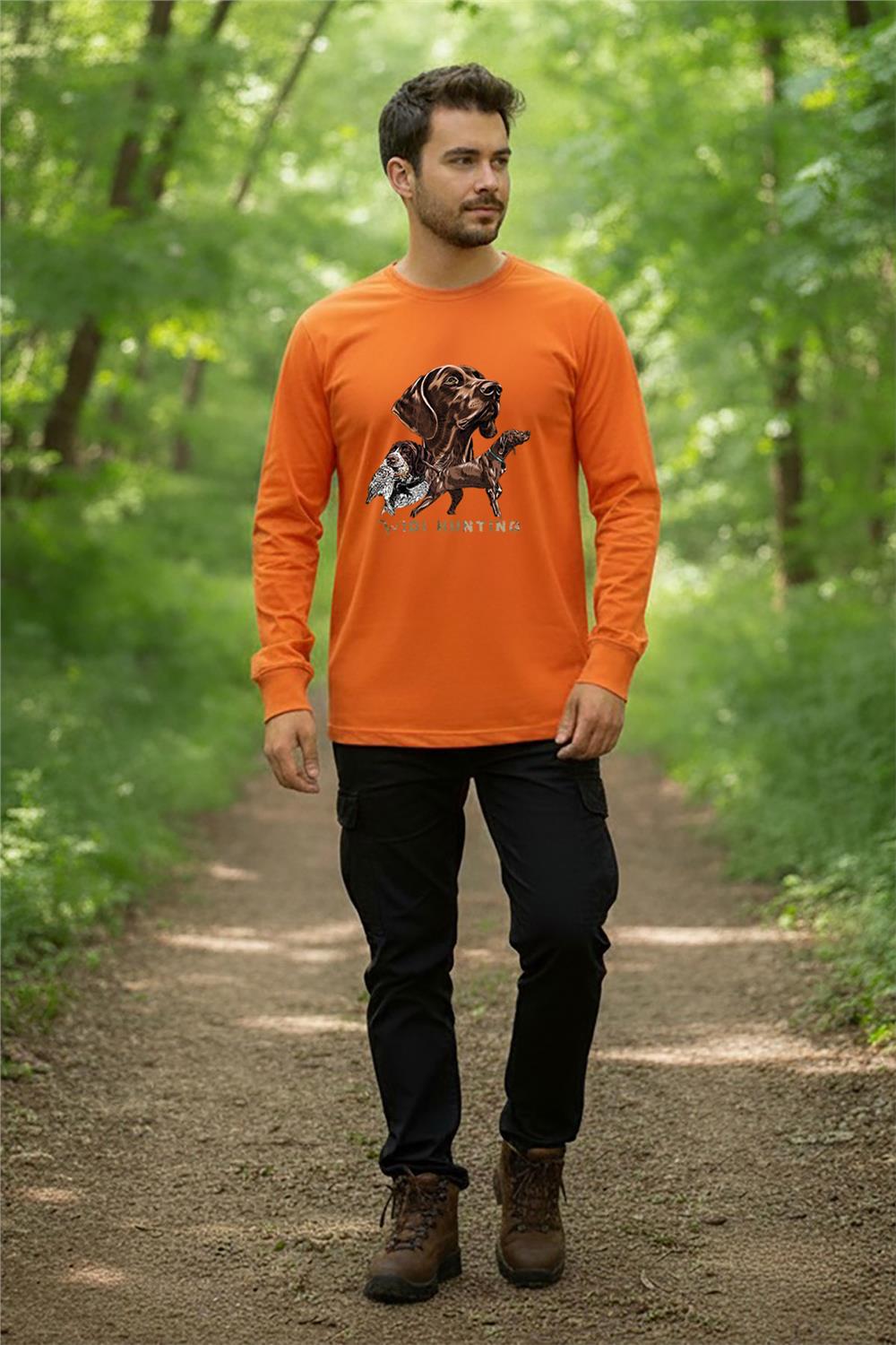 Avcılık Hunter Kurzhaar Av Köpeği Ve Çulluk Baskılı Turuncu Bisiklet Yaka Uzun Kollu T-Shirt - Turuncu