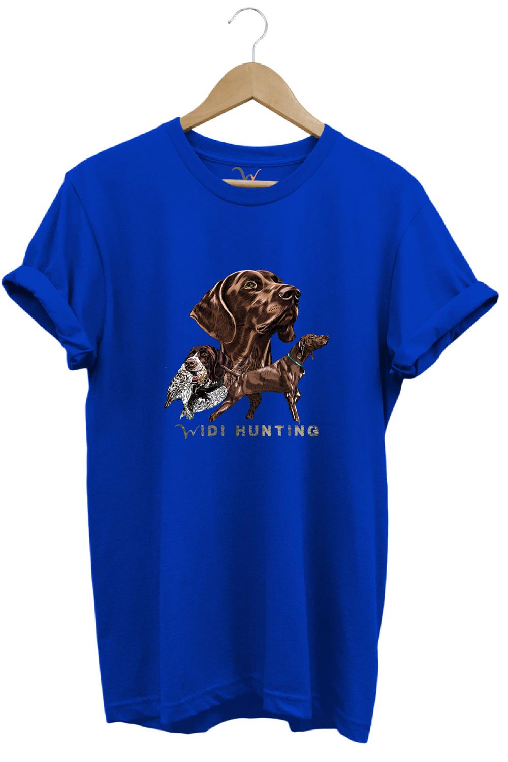 Avcılık Hunter Kurzhaar Av Köpeği Ve Çulluk Baskılı %100 Pamuk Regular Fit Unisex T-Shirt - Mavi