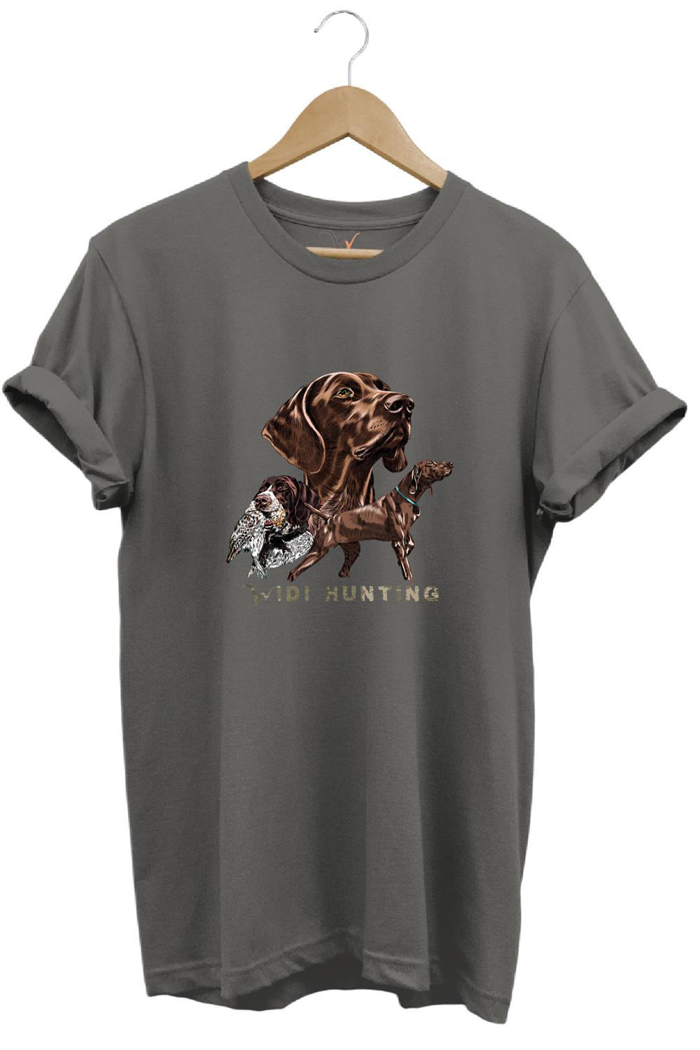 Avcılık Hunter Kurzhaar Av Köpeği Ve Çulluk Baskılı %100 Pamuk Regular Fit Unisex T-Shirt - Antrasit