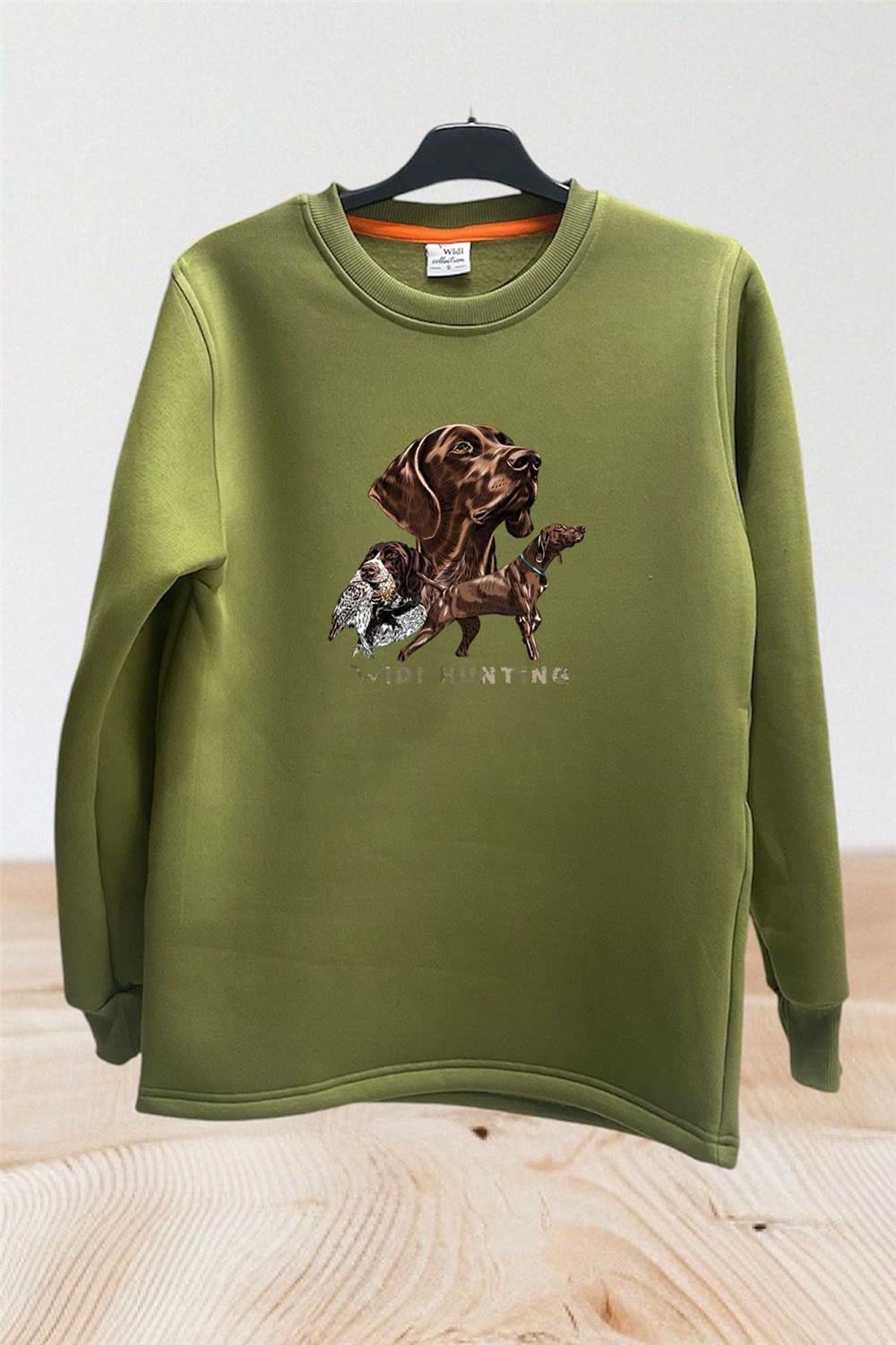 Avcılık Hunter Kurzhaar Av Köpeği Ve Çulluk Baskılı Regular Fit %100 Pamuk Bisiklet Yaka Sweatshirt - Haki