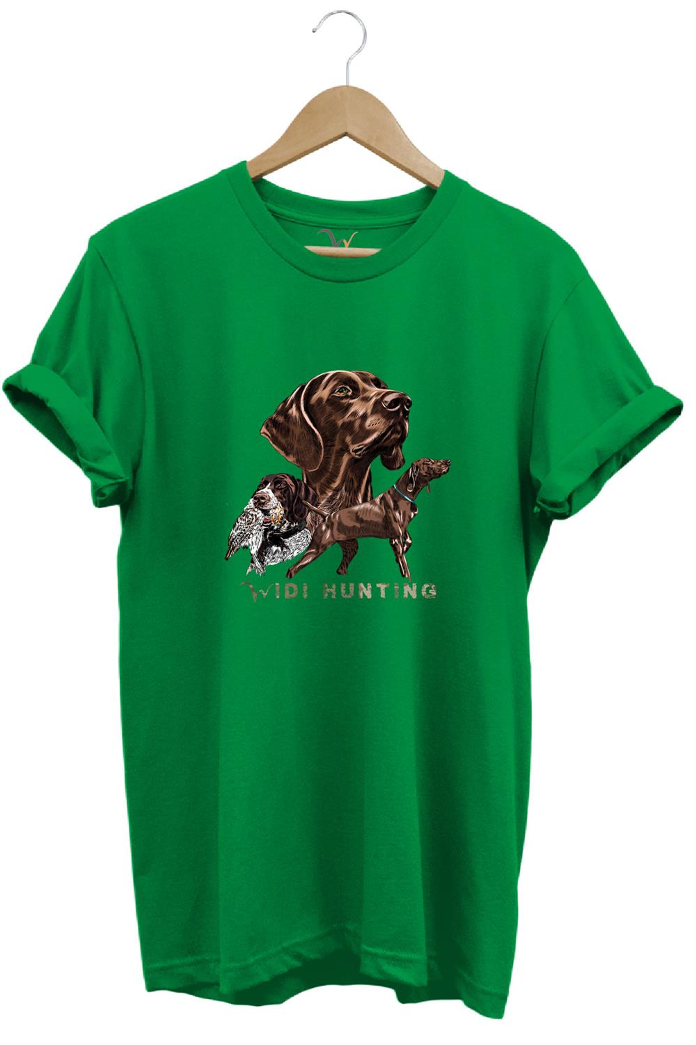 Avcılık Hunter Kurzhaar Av Köpeği Ve Çulluk Baskılı %100 Pamuk Regular Fit Unisex T-Shirt - Yeşil