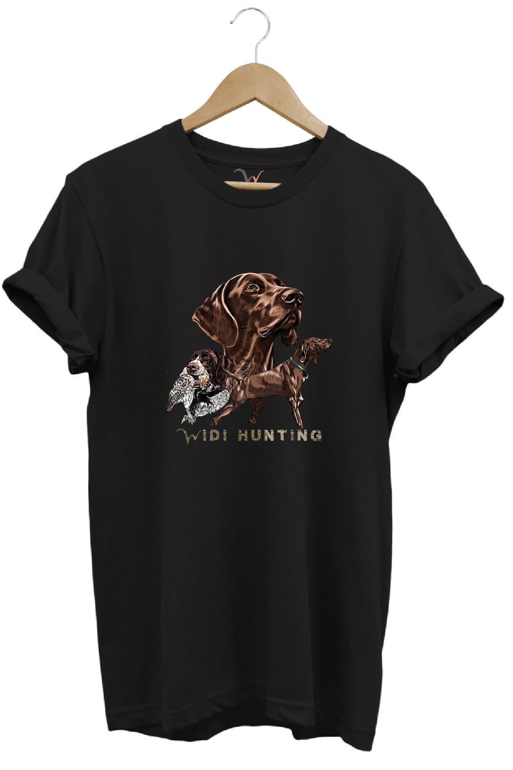 Avcılık Hunter Kurzhaar Av Köpeği Ve Çulluk Baskılı %100 Pamuk Regular Fit Unisex T-Shirt - Siyah