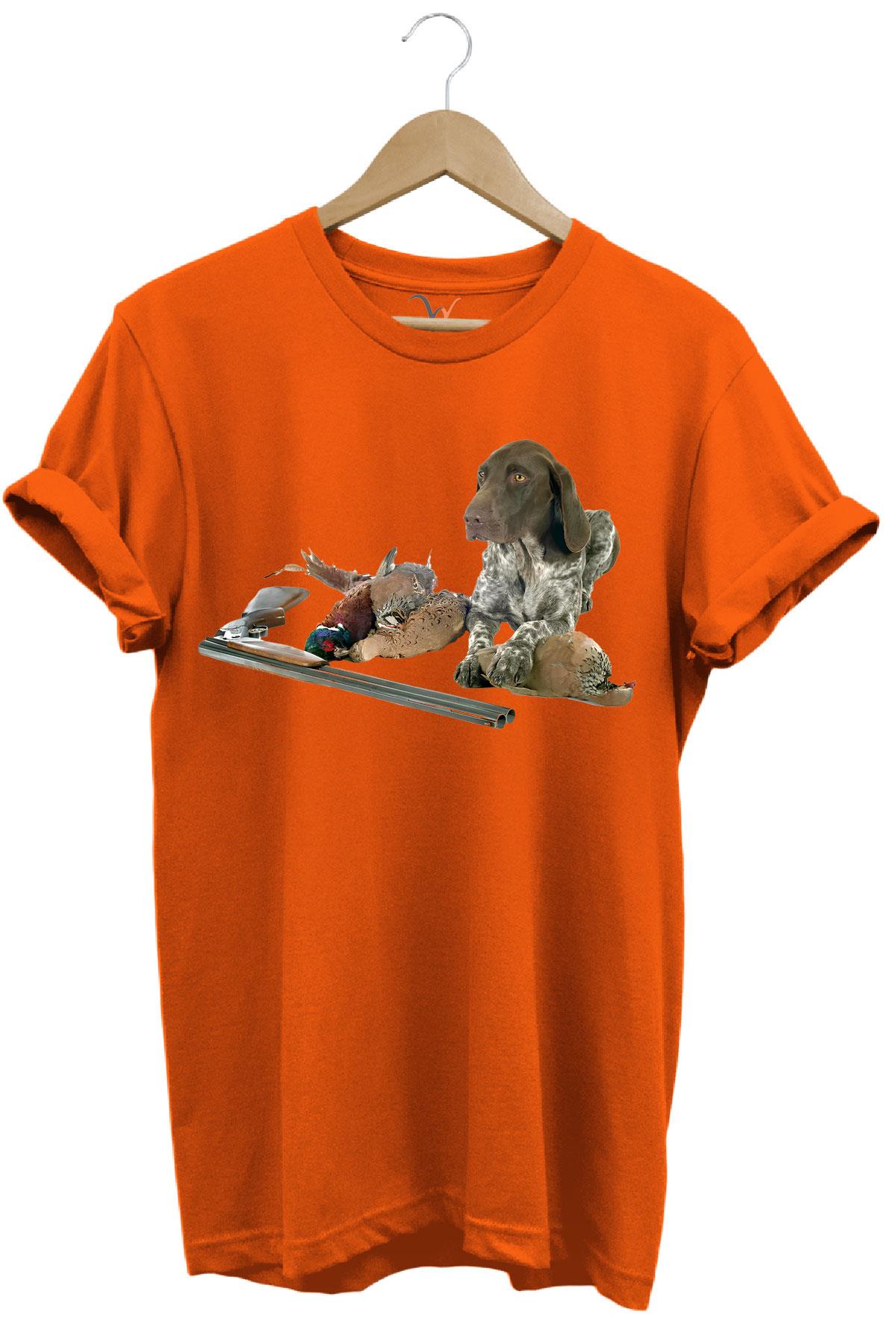 Avcılık Hunter Kurzhaar Av Köpeği ve Keklik Avcılığı Baskılı Regular Fit %100 Pamuk T-Shirt - Turuncu