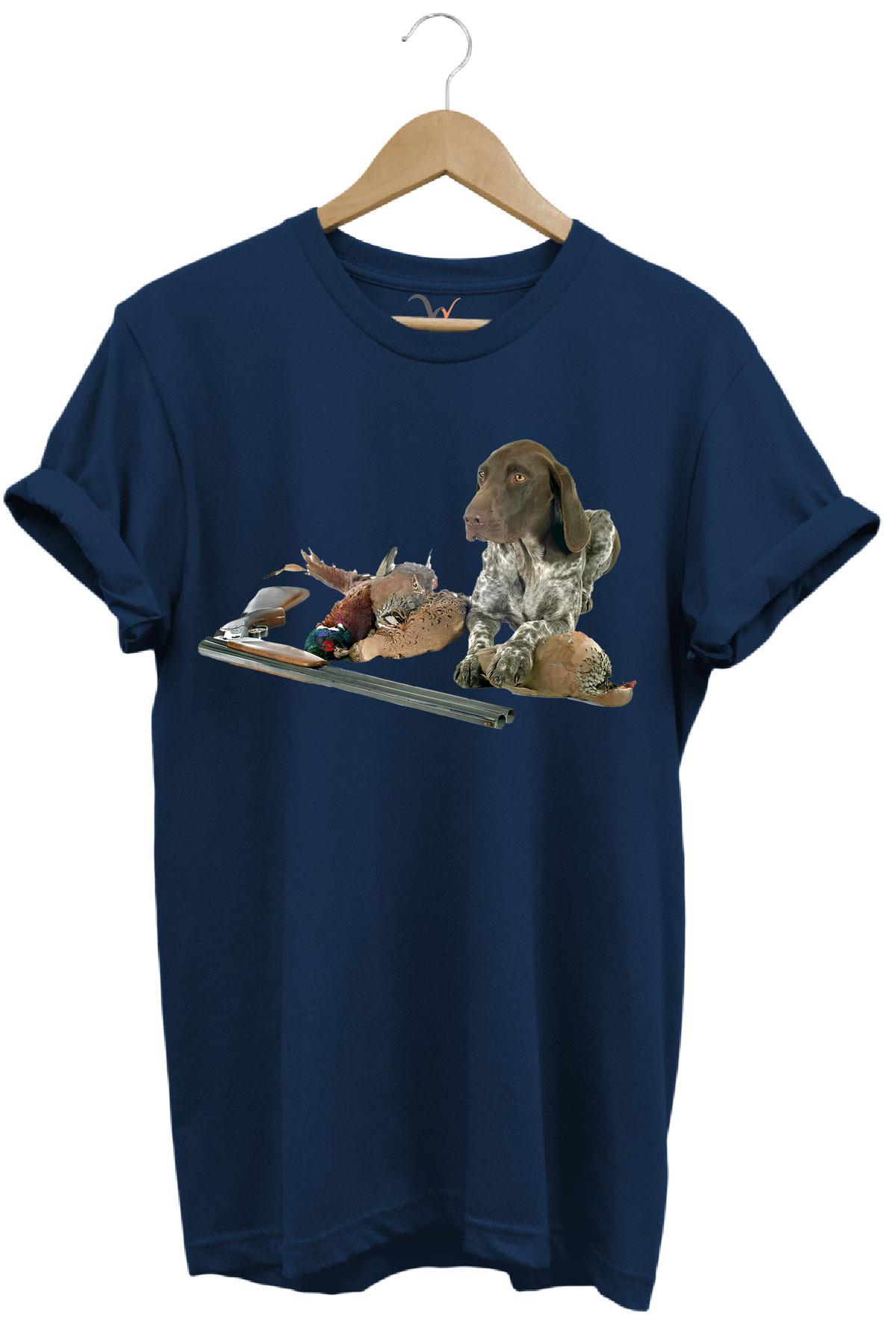 Avcılık Hunter Kurzhaar Av Köpeği ve Keklik Avcılığı Baskılı Regular Fit %100 Pamuk T-Shirt - Lacivert