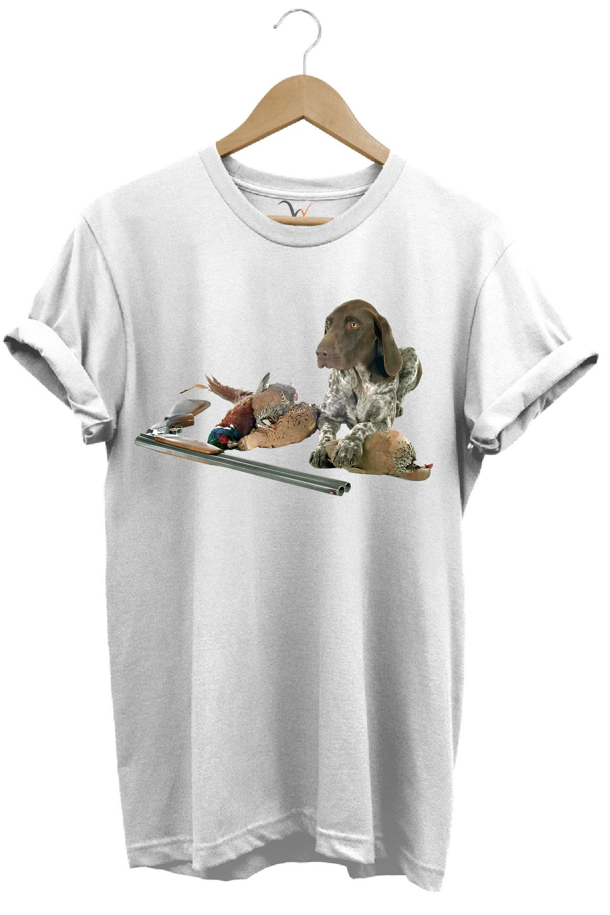 Avcılık Hunter Kurzhaar Av Köpeği ve Keklik Avcılığı Baskılı Regular Fit %100 Pamuk T-Shirt - Beyaz