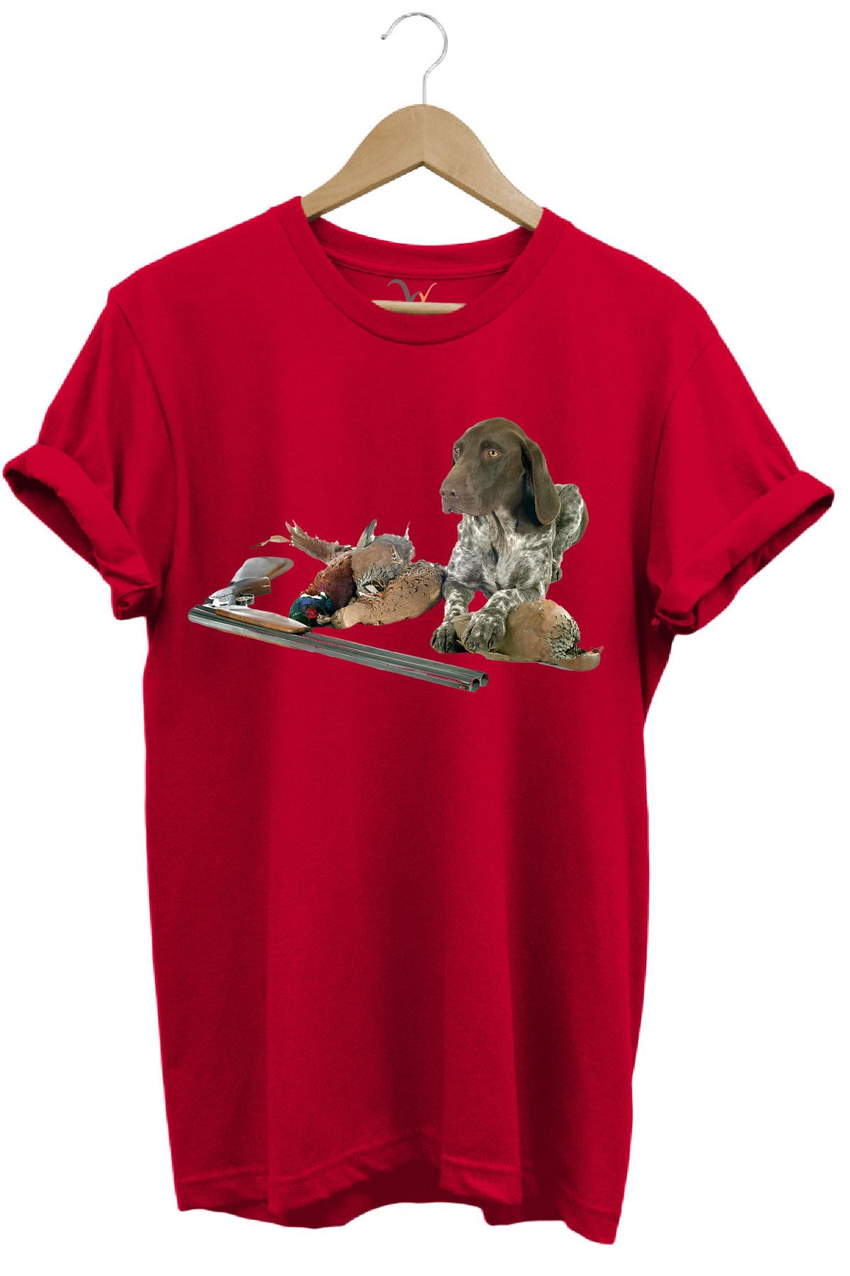 Avcılık Hunter Kurzhaar Av Köpeği ve Keklik Avcılığı Baskılı Regular Fit %100 Pamuk T-Shirt - Kırmızı