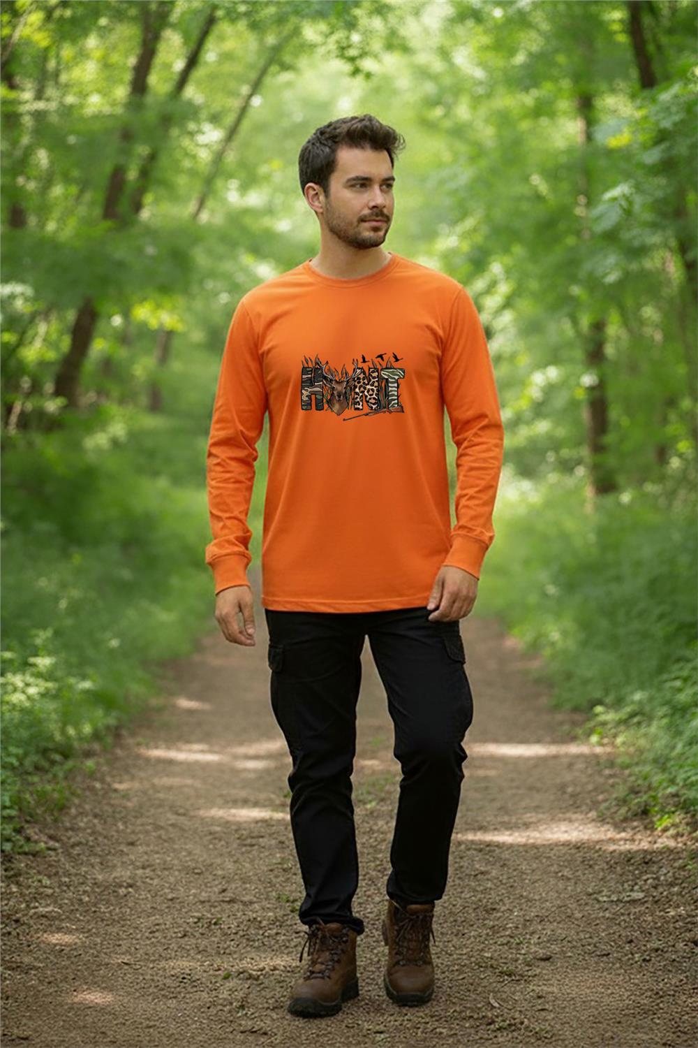 Avcılık Hunter Outdoor Geyik Tasarımlı Hunt Yazı Baskılı Turuncu Bisiklet Yaka Uzun Kollu T-Shirt - Turuncu