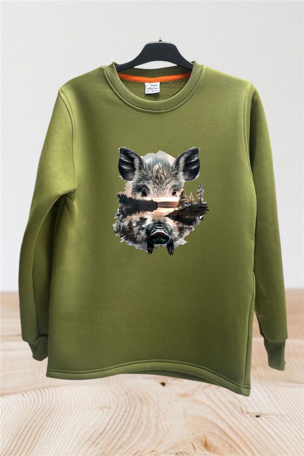Avcılık Hunter Renkli Domuz Baskılı Bisiklet Yaka Sweatshirt - Haki