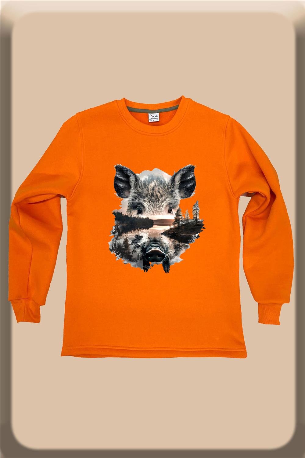 Avcılık Hunter Renkli Domuz Baskılı Bisiklet Yaka Sweatshirt - Turuncu