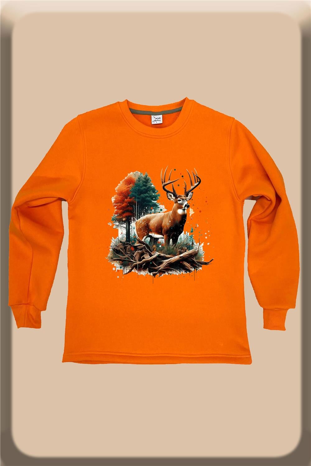 Avcılık Hunter Renkli Geyik Doğa Vahşi Yaşam Baskılı Bisiklet Yaka Sweatshirt - Turuncu
