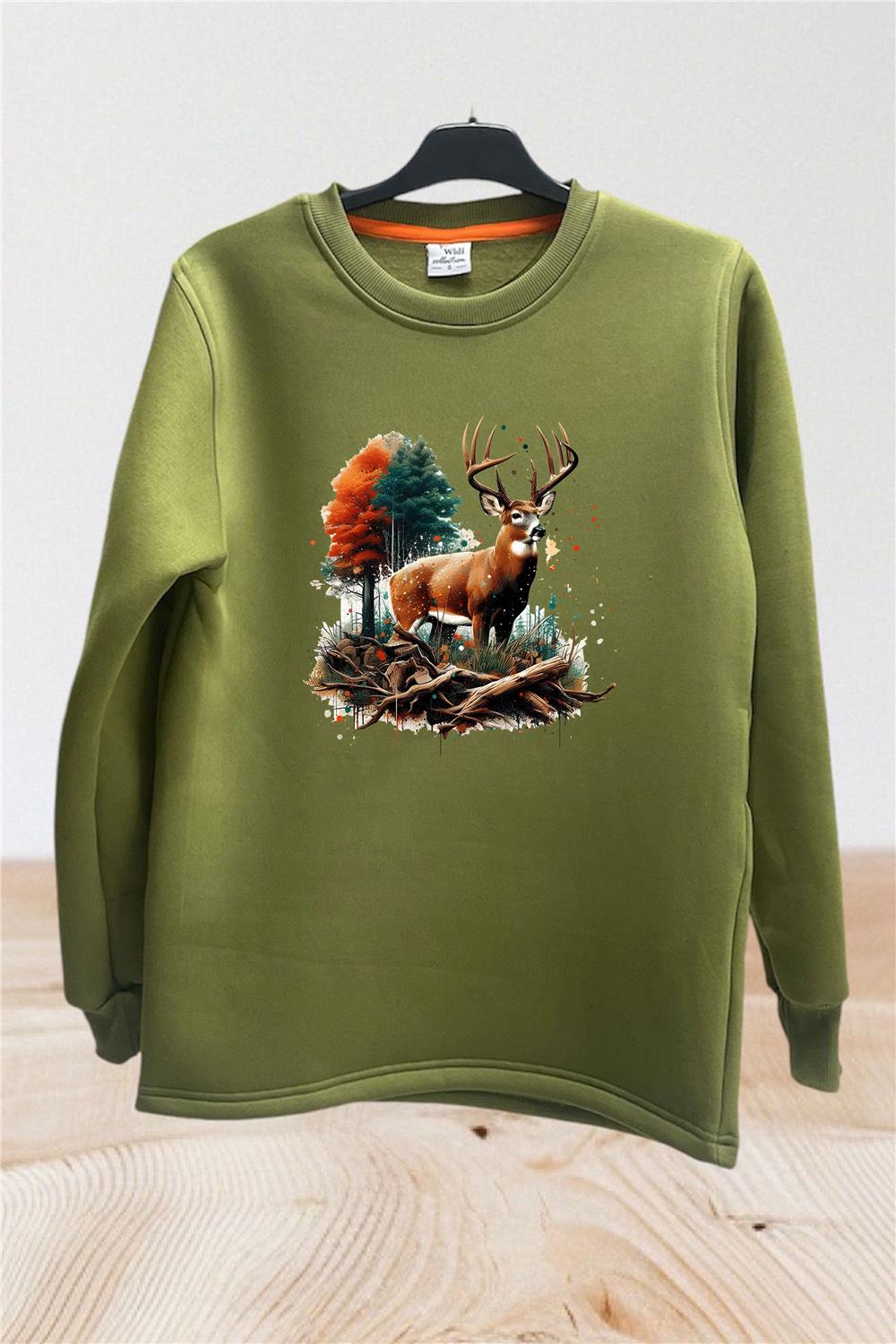 Avcılık Hunter Renkli Geyik Doğa Vahşi Yaşam Baskılı Bisiklet Yaka Sweatshirt - Haki