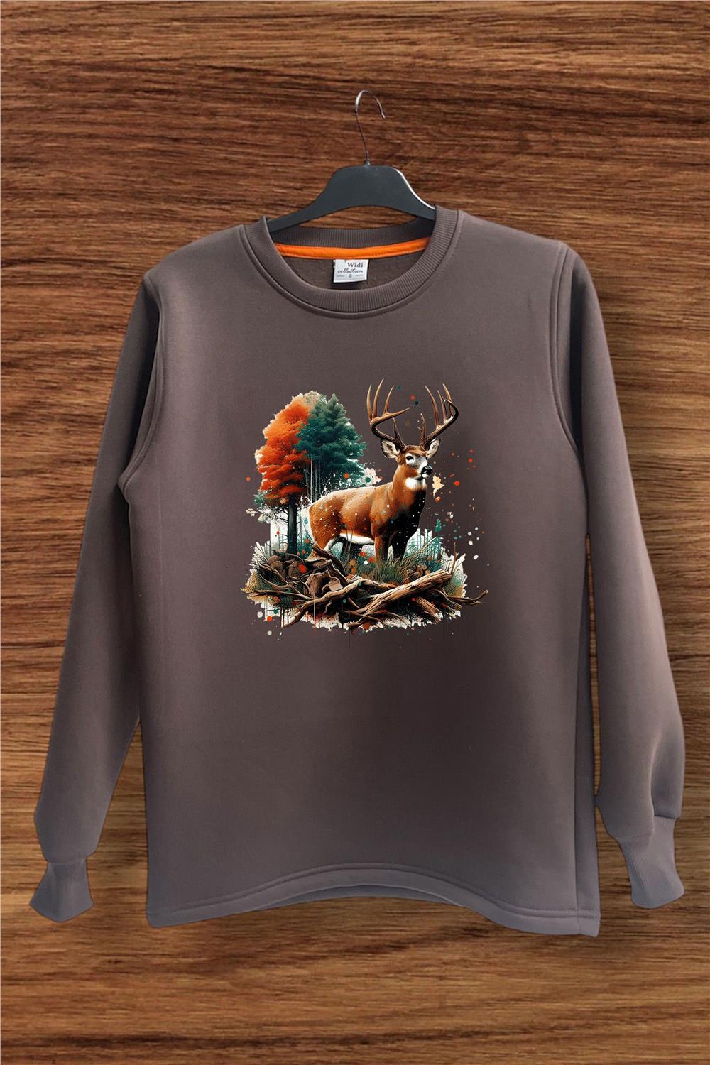 Avcılık Hunter Renkli Geyik Doğa Vahşi Yaşam Baskılı Bisiklet Yaka Sweatshirt - Kahverengi