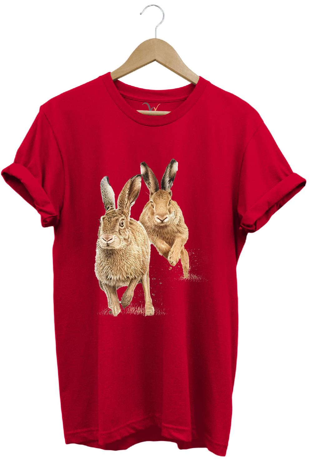 Avcılık Hunter Tavşan Avı Baskılı %100 Pamuk Regular Fit T-Shirt - Kırmızı