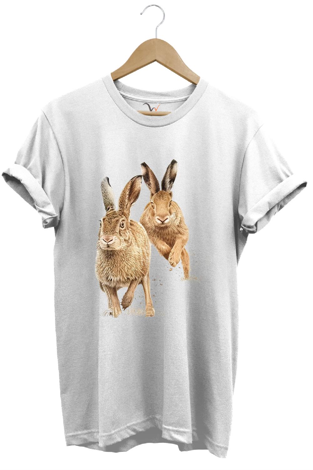 Avcılık Hunter Tavşan Avı Baskılı %100 Pamuk Regular Fit T-Shirt - Beyaz