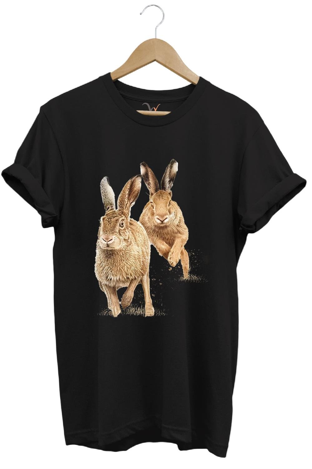 Avcılık Hunter Tavşan Avı Baskılı %100 Pamuk Regular Fit T-Shirt - Siyah