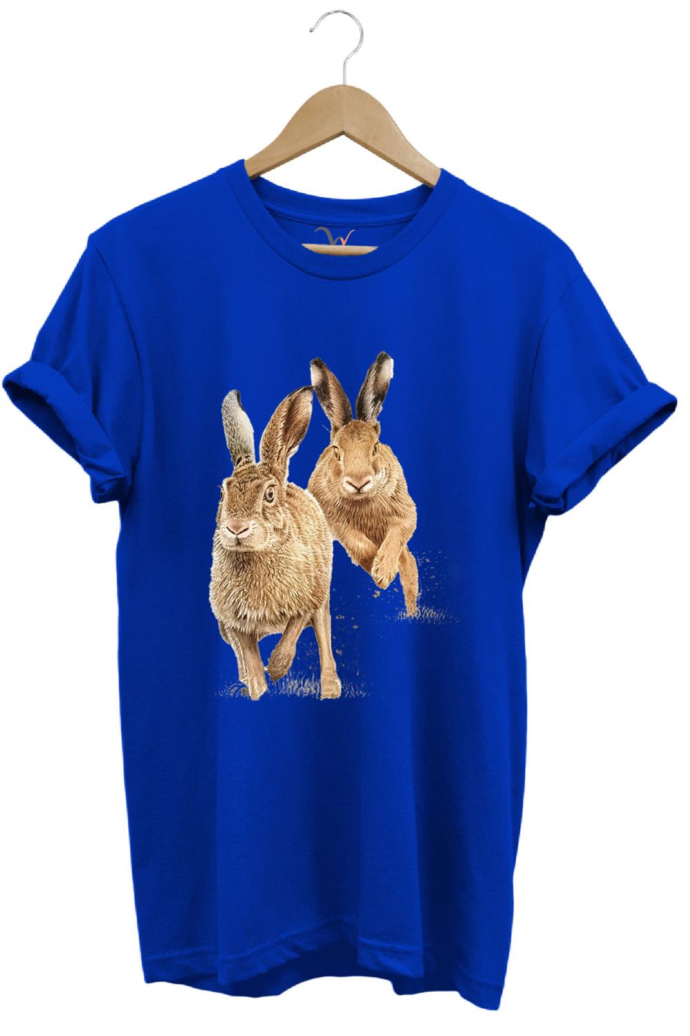 Avcılık Hunter Tavşan Avı Baskılı %100 Pamuk Regular Fit T-Shirt - Mavi