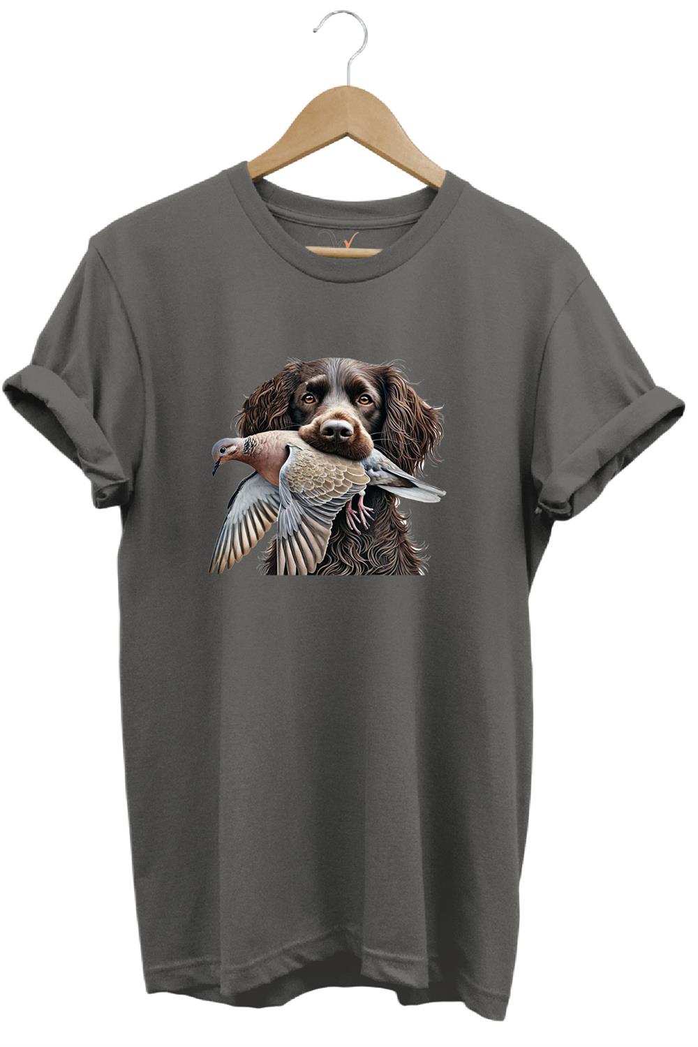 Avcılık Hunter Üveyik Kuşu Ve Avcı Boykin Köpeği Tasarım Baskılı %100 Pamuk Regular Fit T-Shirt - Antrasit