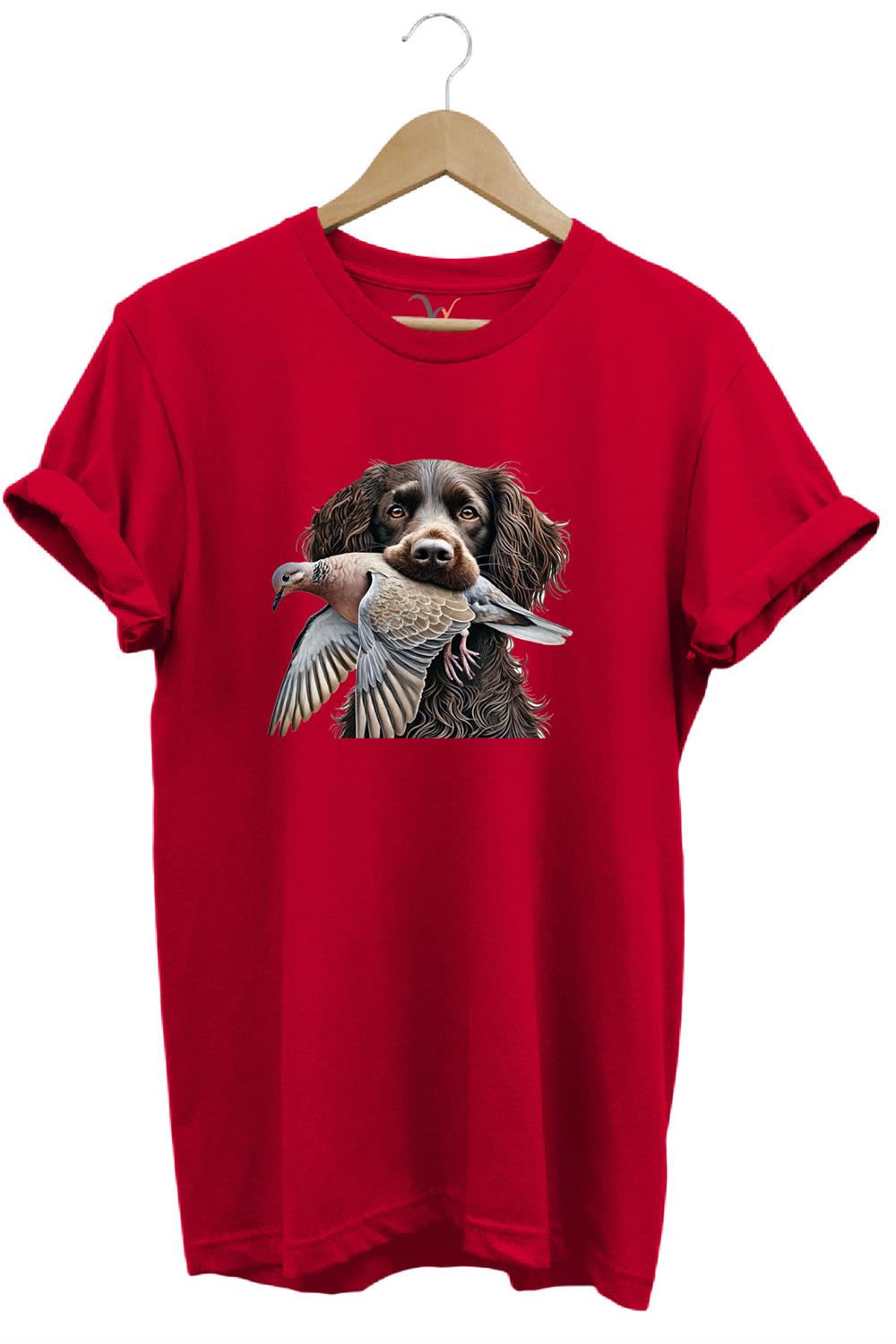 Avcılık Hunter Üveyik Kuşu Ve Avcı Boykin Köpeği Tasarım Baskılı %100 Pamuk Regular Fit T-Shirt - Kırmızı