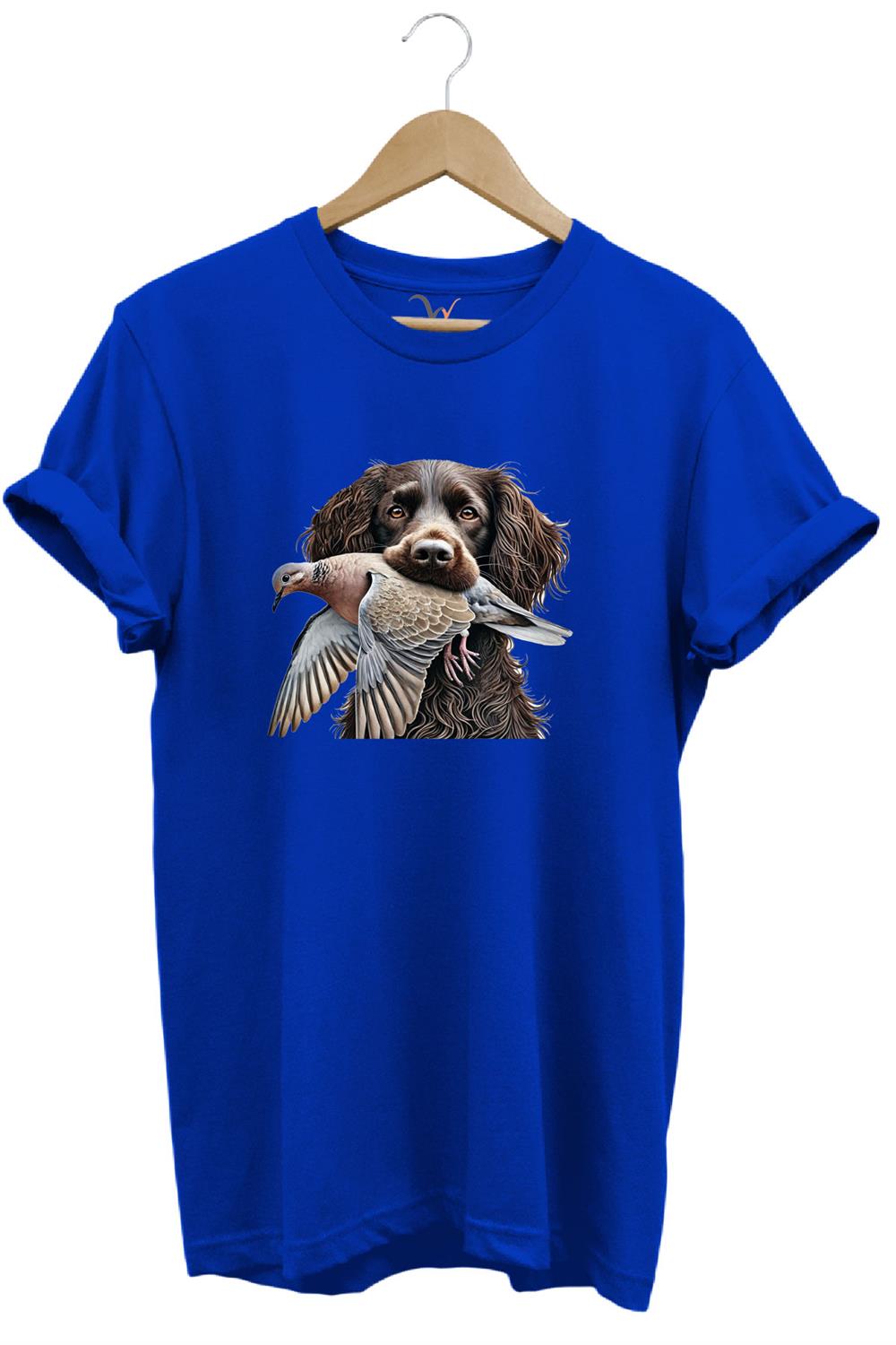 Avcılık Hunter Üveyik Kuşu Ve Avcı Boykin Köpeği Tasarım Baskılı %100 Pamuk Regular Fit T-Shirt - Mavi