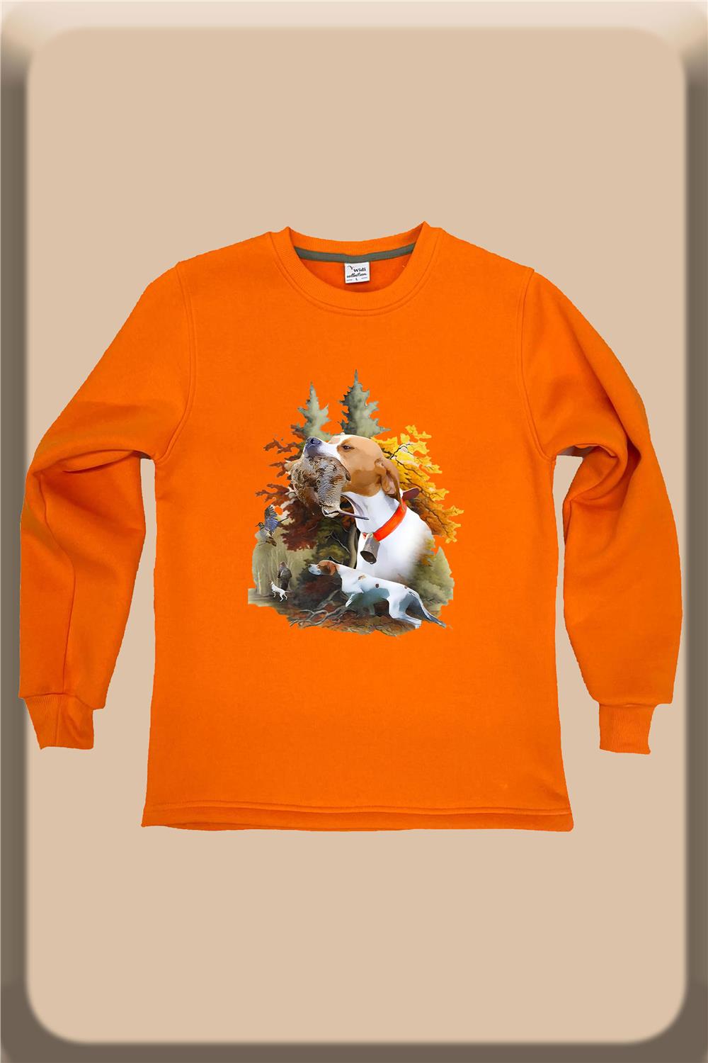 Avcılık Hunting Çulluk Ve Av Köpeği English Pointer Baskılı %100 Pamuk Bisiklet Yaka Sweatshirt - Turuncu