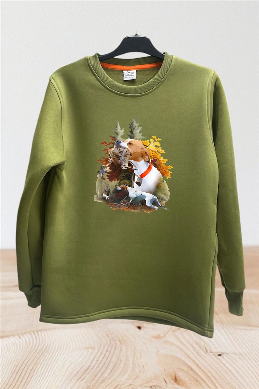 Avcılık Hunting Çulluk Ve Av Köpeği English Pointer Baskılı %100 Pamuk Bisiklet Yaka Sweatshirt - Haki