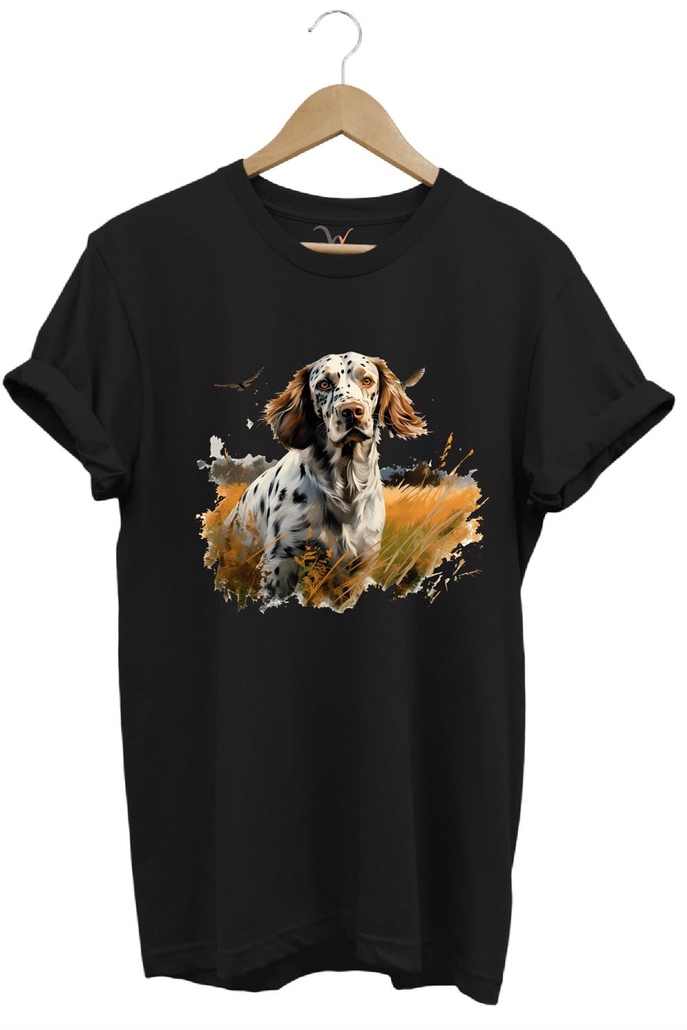 Avcılık Hunting English Setter Vahşi Yaşam Avcı Köpeği %100 Pamuk Unisex Regular Fit T-Shirt - Siyah