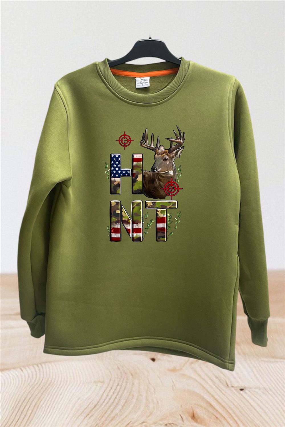 Avcılık Hunting Kamuflaj Renkte Hunt Yazısı Nişan Ve Geyik Baskılı Bisiklet Yaka Sweatshirt - Haki