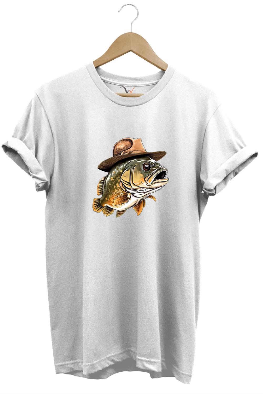 Avcılık Hunting Şapkalı Levrek Balığı Baskılı %100 Pamuk Regular Fit Bisiklet Yaka T-Shirt - Beyaz