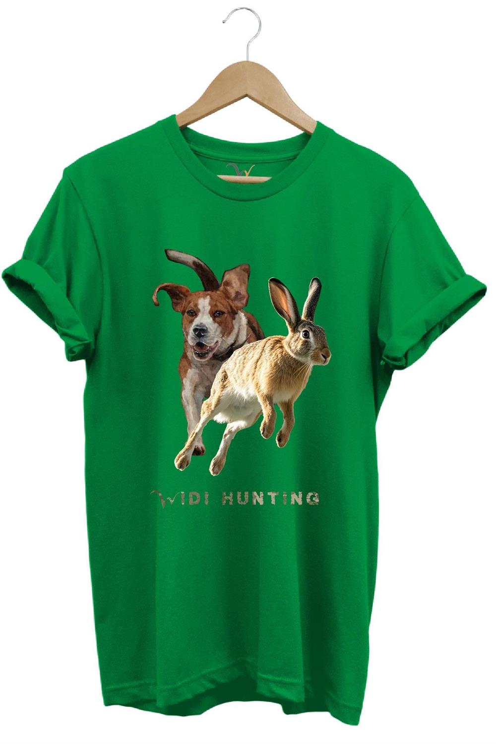 Avcılık Hunting Tavşan Avı Ve Av Köpeği Tasarım Baskılı %100 Pamuk Regular Fit Unisex T-Shirt - Yeşil