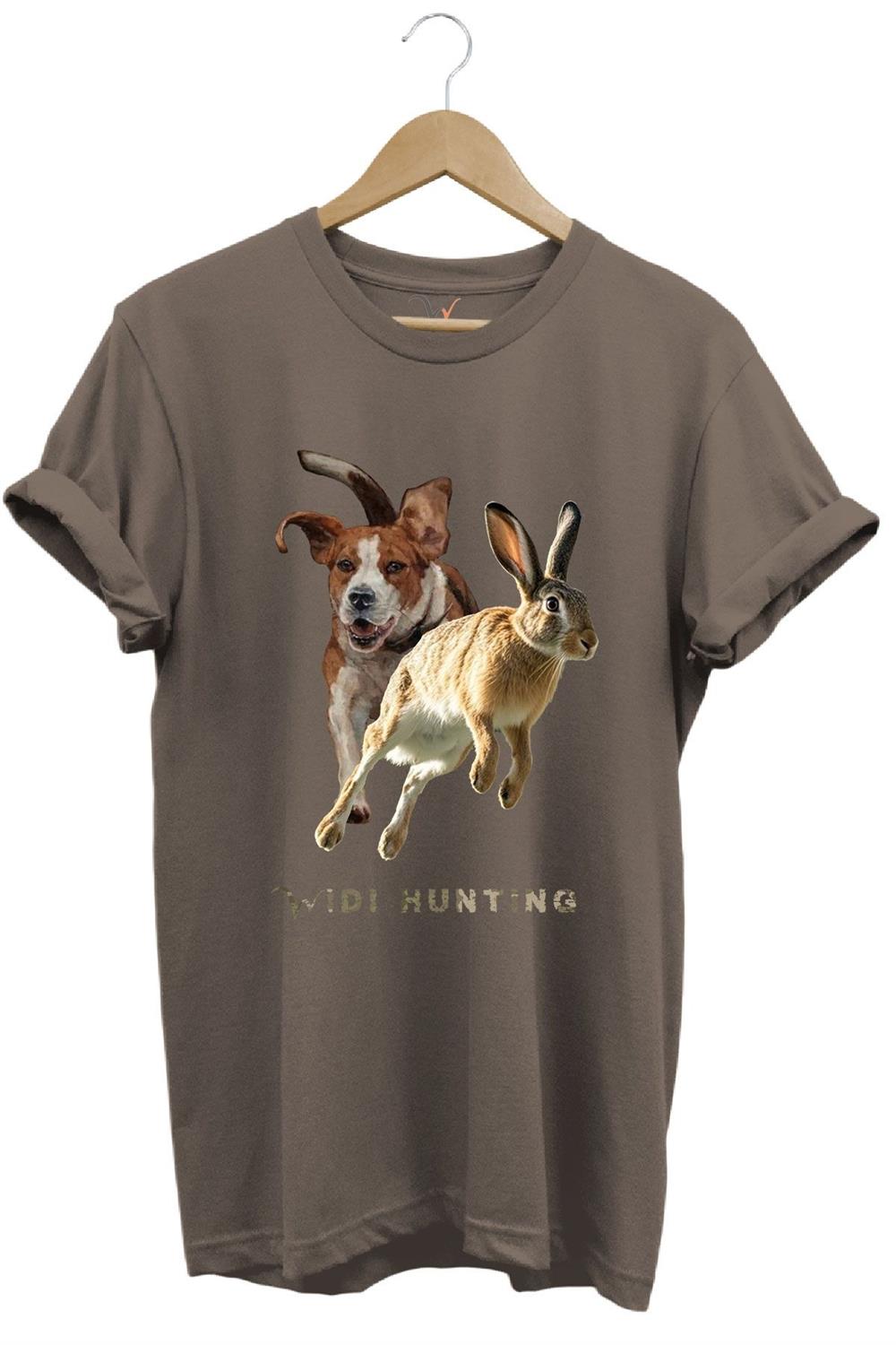 Avcılık Hunting Tavşan Avı Ve Av Köpeği Tasarım Baskılı %100 Pamuk Regular Fit Unisex T-Shirt - Kahverengi