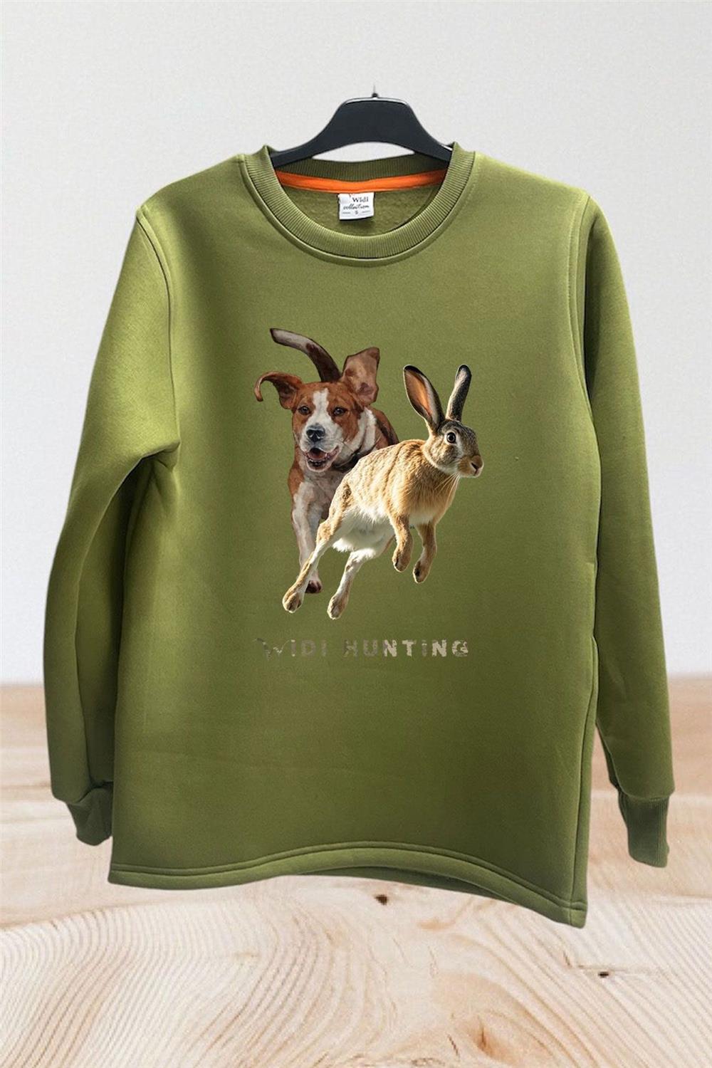 Avcılık Hunting Tavşan Avı Ve Av Köpeği Baskılı Regular Fit %100 Pamuk Bisiklet Yaka Sweatshirt - Haki