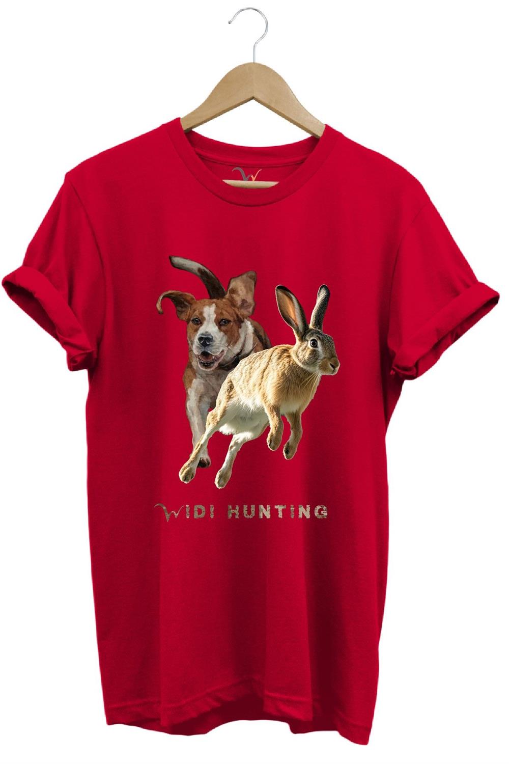 Avcılık Hunting Tavşan Avı Ve Av Köpeği Tasarım Baskılı %100 Pamuk Regular Fit Unisex T-Shirt - Kırmızı