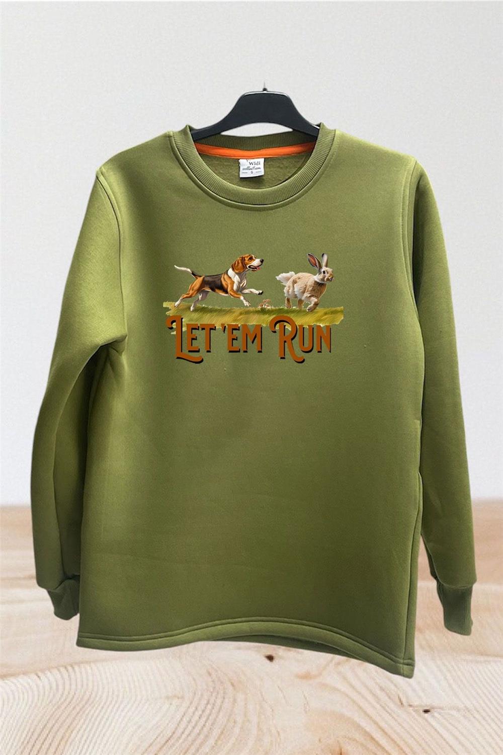 Avcılık Hunting Tavşan Avı Ve Avcı Köpeği Baskılı Regular Fit %100 Pamuk Sweatshirt - Haki