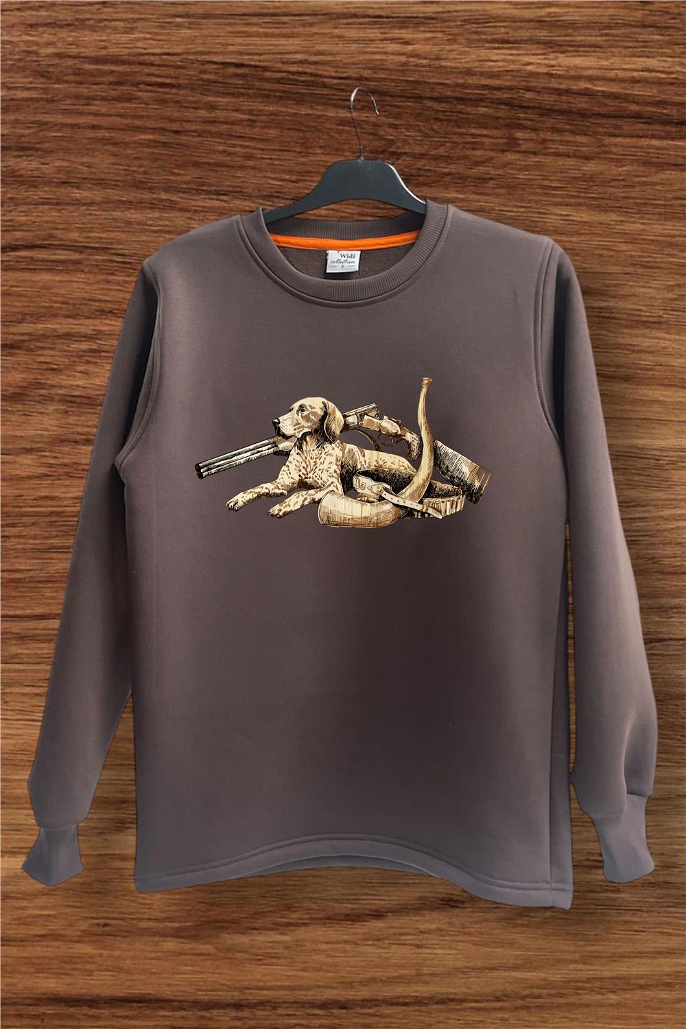 Avcılık Hunting Vahşi Yaşam Av Köpeği Setter Retriever Fişek Baskılı Bisiklet Yaka Sweatshirt - Kahverengi