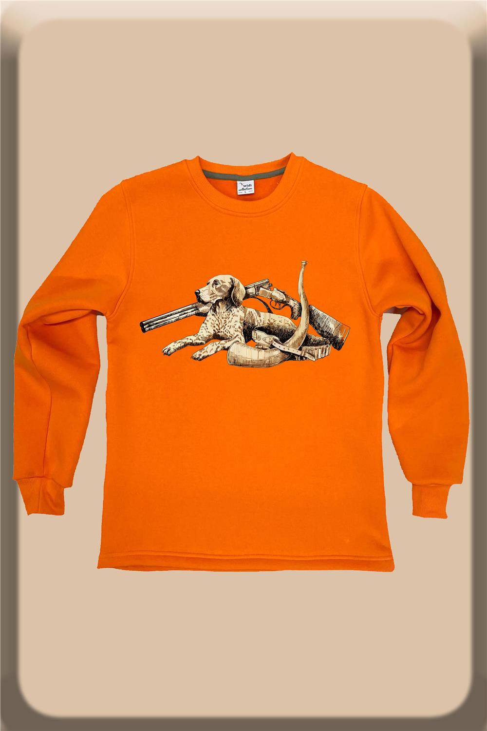 Avcılık Hunting Vahşi Yaşam Av Köpeği Setter Retriever Fişek Baskılı Bisiklet Yaka Sweatshirt - Turuncu