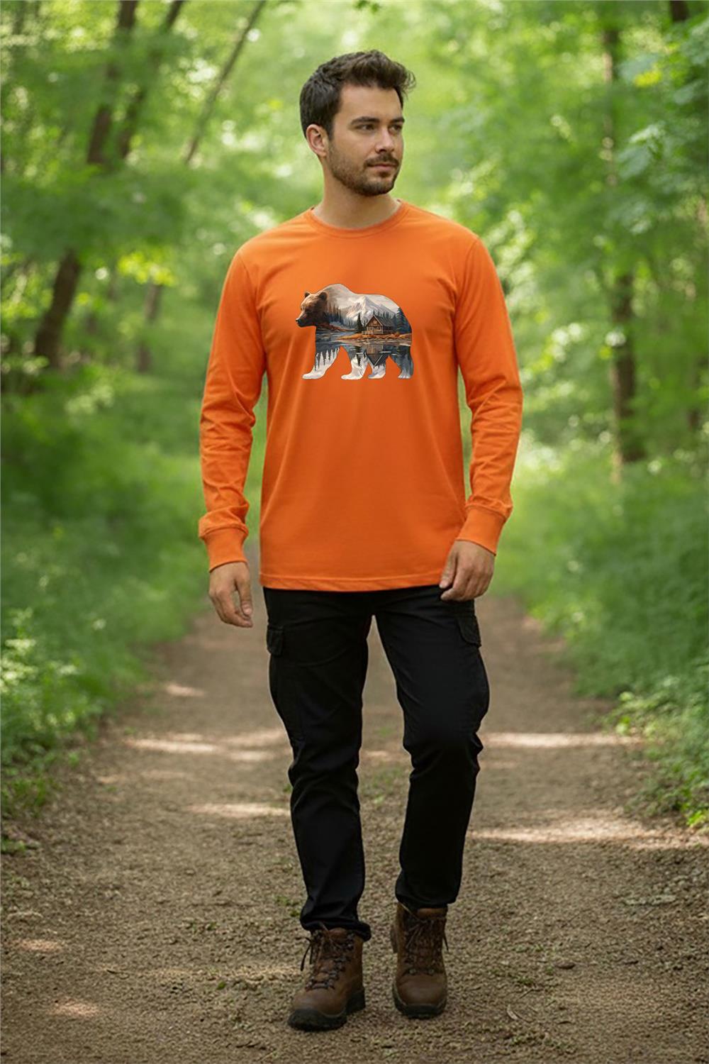Avcılık Kamp Doğa Ve Baraka Ayı Baskılı Regular Fit Turuncu Bisiklet Yaka Uzun Kollu T-Shirt - Turuncu