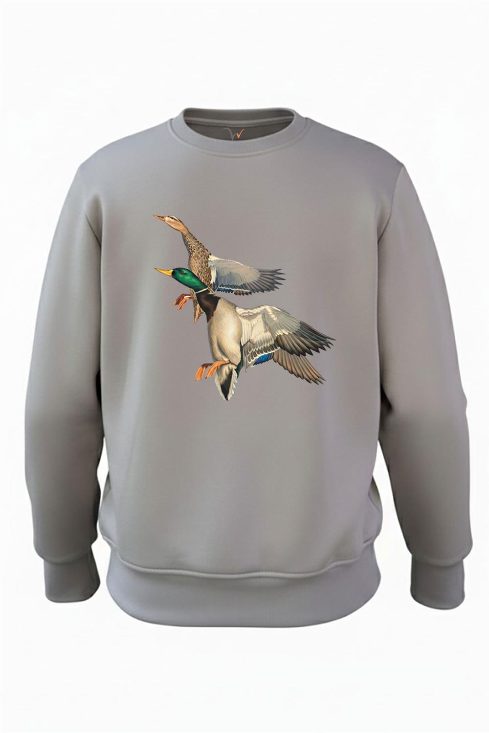 Avcılık Ördek Avı Uçan Ördekler Baskılı Regular Fit 3 İplik Şardonlu %100 Pamuk Sweatshirt - Antrasit