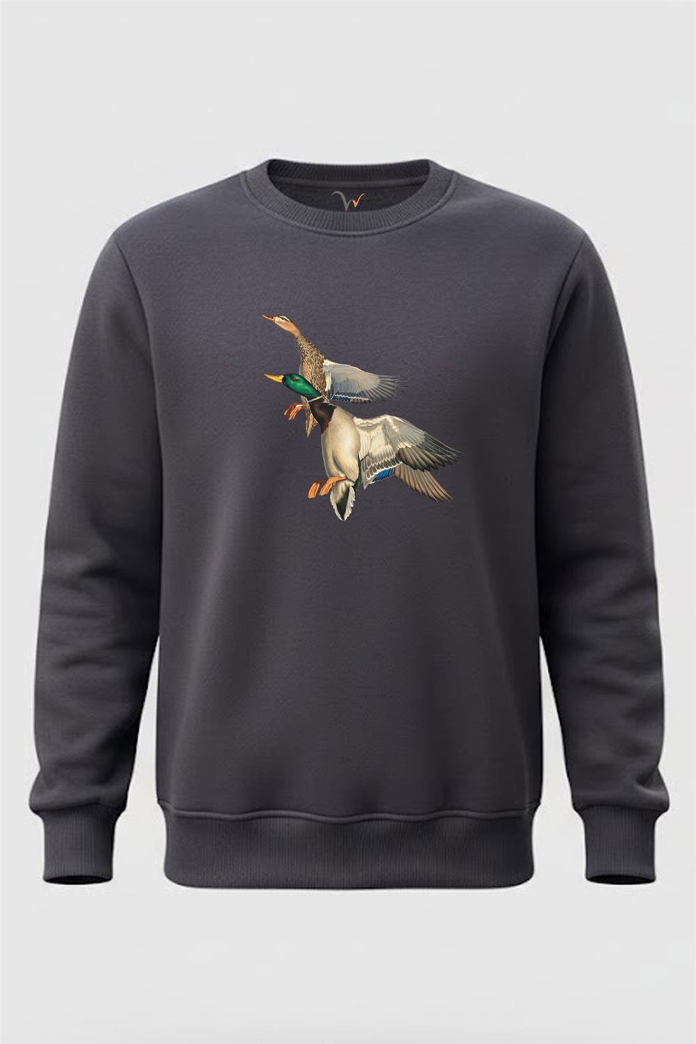 Avcılık Ördek Avı Uçan Ördekler Baskılı Regular Fit 3 İplik Şardonlu %100 Pamuk Sweatshirt - Füme