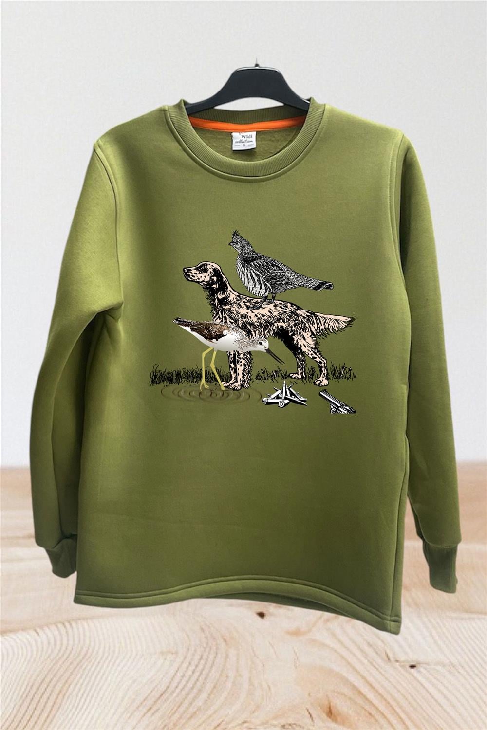 Avcılık Setter Çulluk Baskılı Regular Fit %100 Pamuk Regular Fit Bisiklet Yaka Sweatshirt - Haki