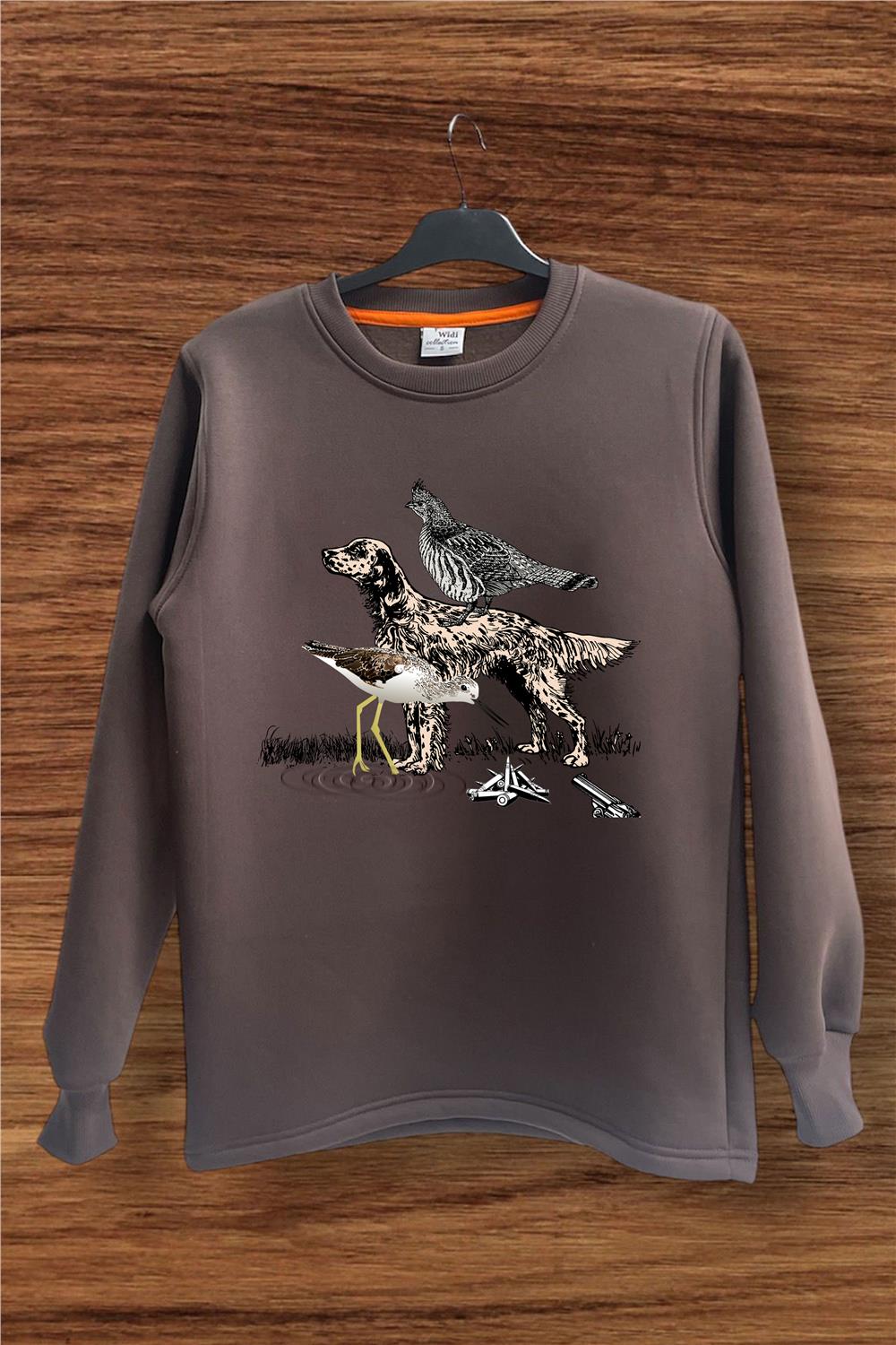 Avcılık Setter Çulluk Baskılı Regular Fit %100 Pamuk Regular Fit Bisiklet Yaka Sweatshirt - Kahverengi