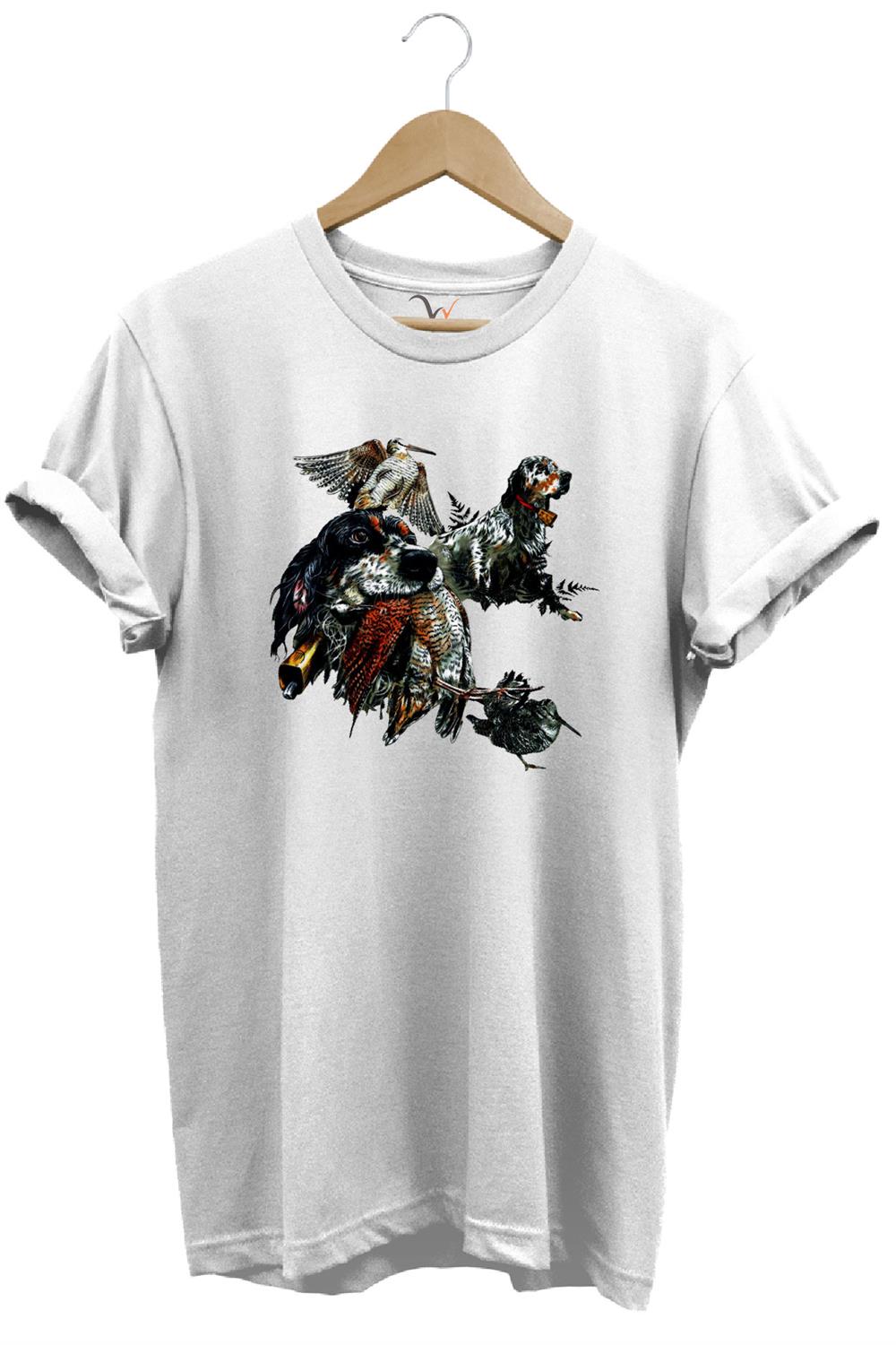 Avcılık Temalı English Setter Ve Kuş Baskılı %100 Pamuk Unisex Regular Fit T-Shirt - Beyaz