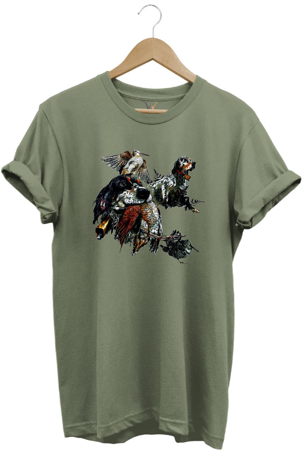 Avcılık Temalı English Setter Ve Kuş Baskılı %100 Pamuk Unisex Regular Fit T-Shirt - Haki
