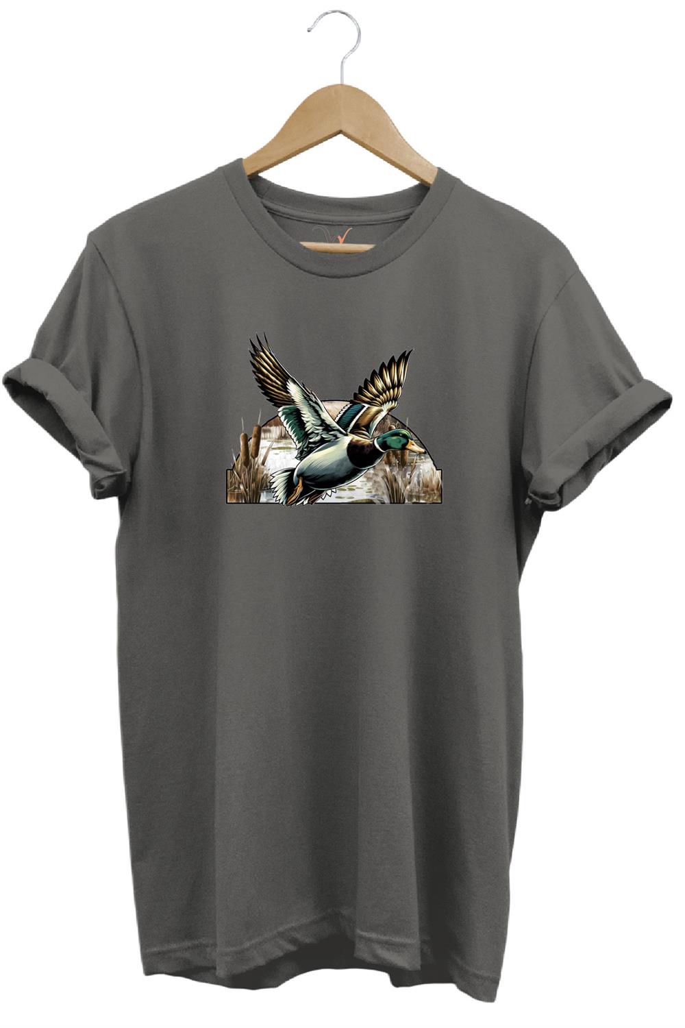 Avcılık Temalı Uçan Ördek Baskılı %100 Pamuk Unisex Regular Fit T-Shirt - Antrasit