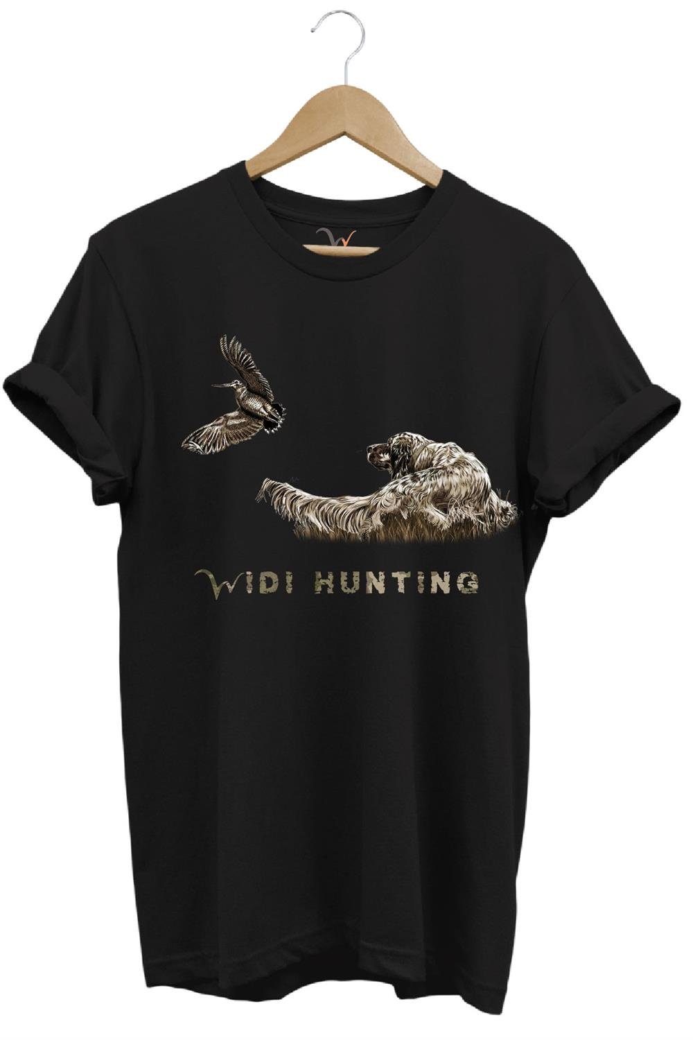 Avcılık Widi Hunting Çulluk Fermalı English Setter Tasarım Baskılı %100 Pamuk Regular Fit T-Shirt - Siyah