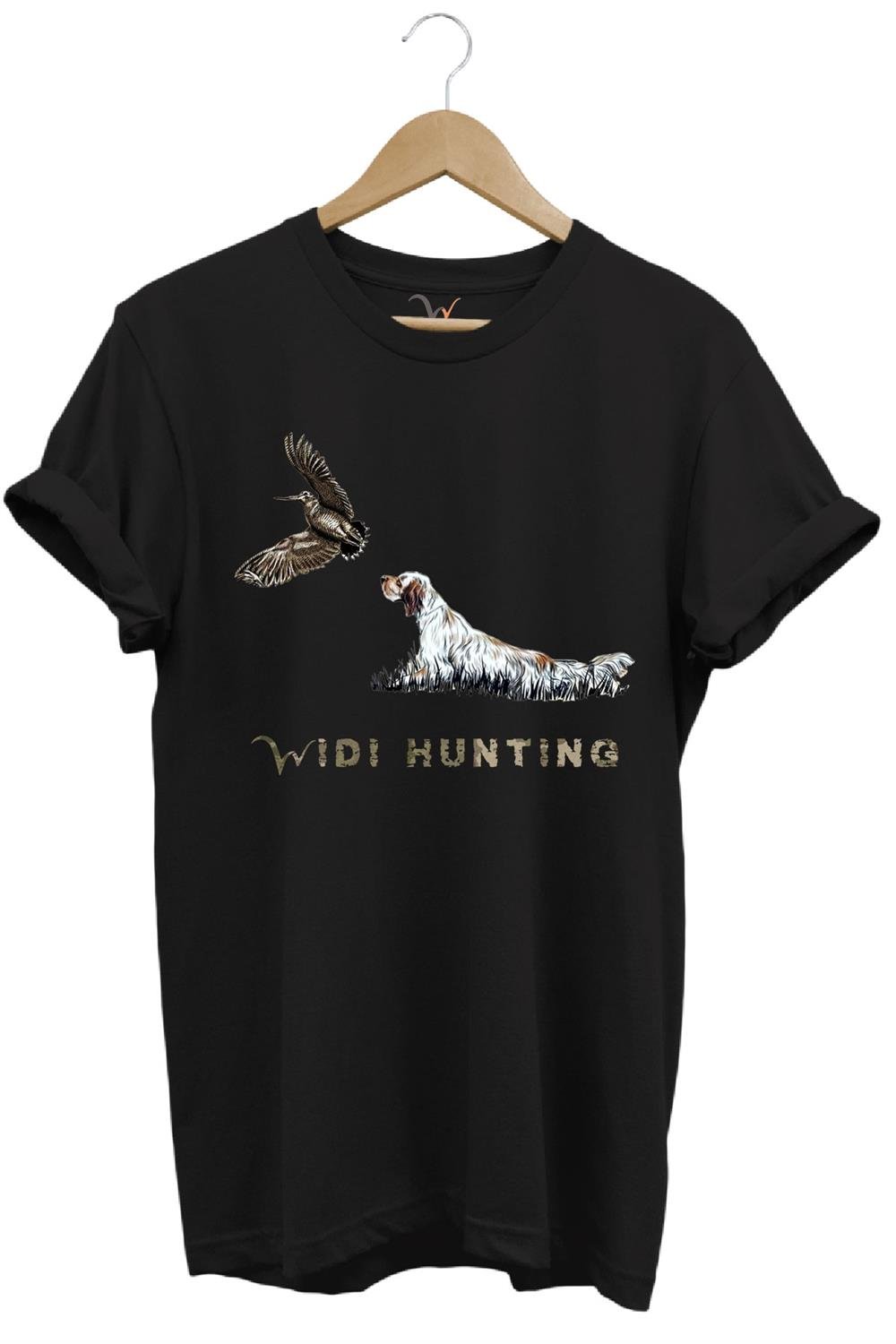 Avcılık Widi Hunting Fermalı English Setter Çulluk Baskılı %100 Pamuk Regular Fit T-Shirt - Siyah