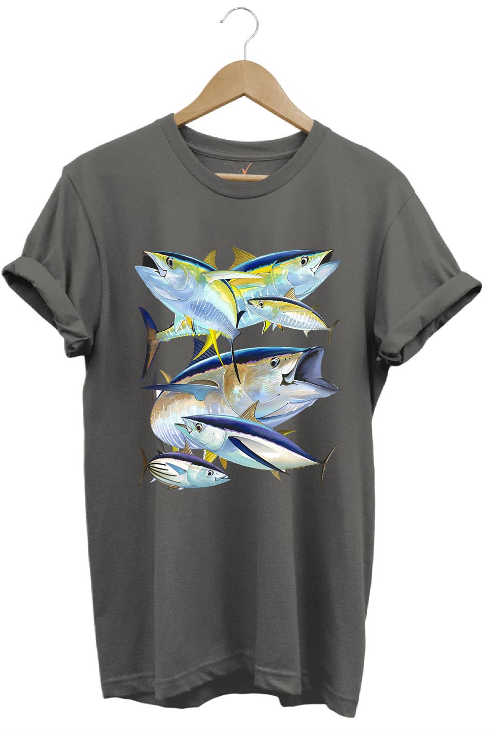 Balık Desenli Gümüş Balığı Baskılı %100 Pamuk Regular Fit Bisiklet Yaka T-Shirt - Antrasit