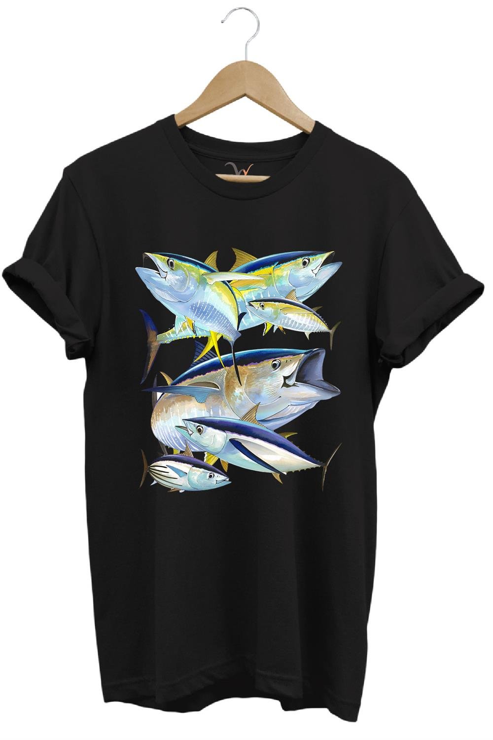 Balık Desenli Gümüş Balığı Baskılı %100 Pamuk Regular Fit Bisiklet Yaka T-Shirt - Siyah