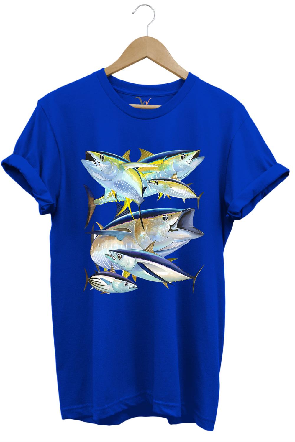 Balık Desenli Gümüş Balığı Baskılı %100 Pamuk Regular Fit Bisiklet Yaka T-Shirt - Mavi